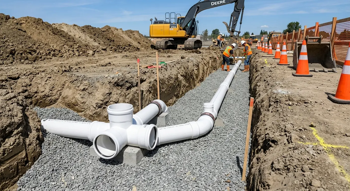 New PVC sewer pipe installation in open trench for Grease Trap Cleaning in Schererville