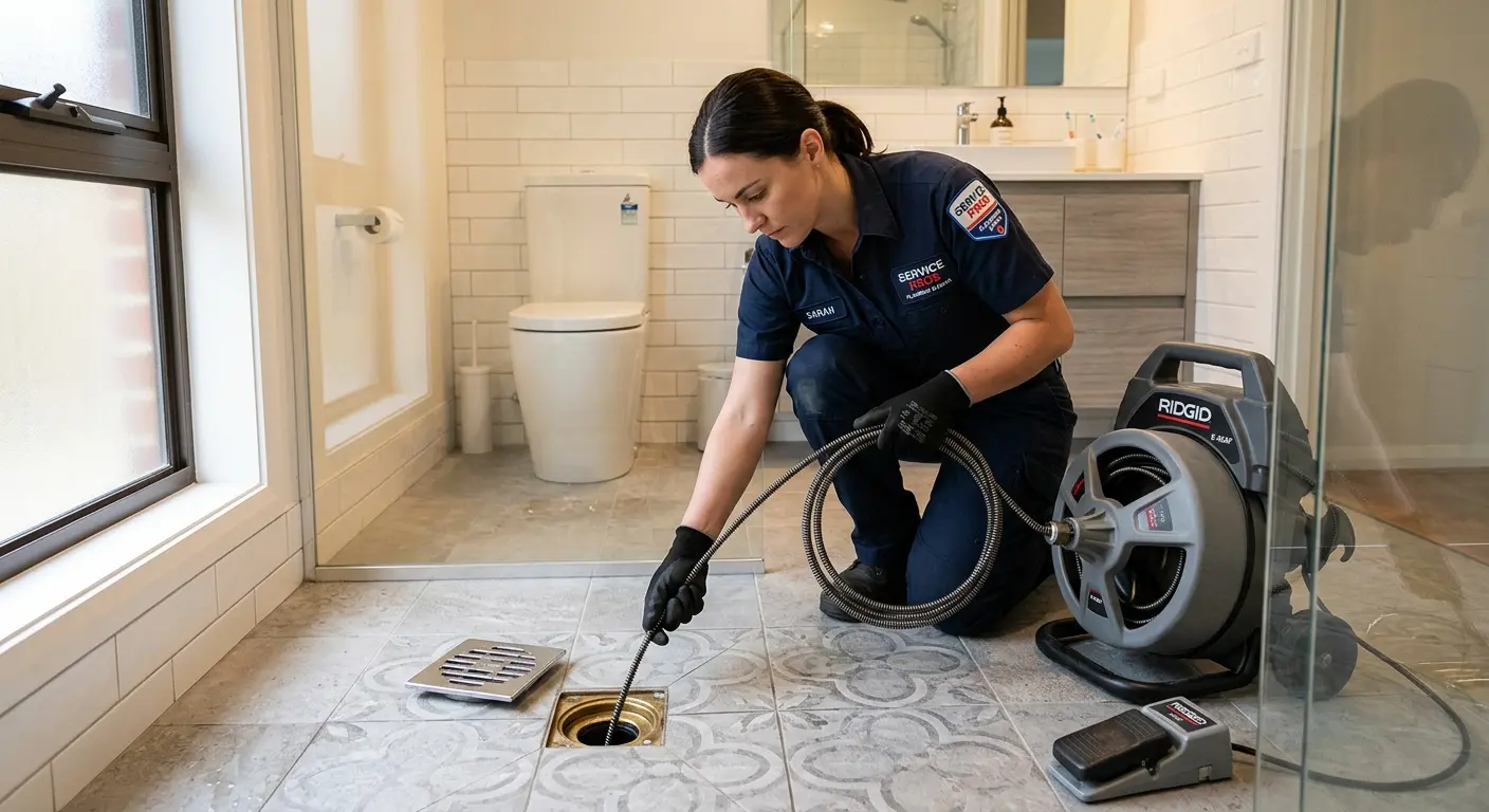 Technician clearing a bathroom floor drain for Sewer Line Replacement in Schererville